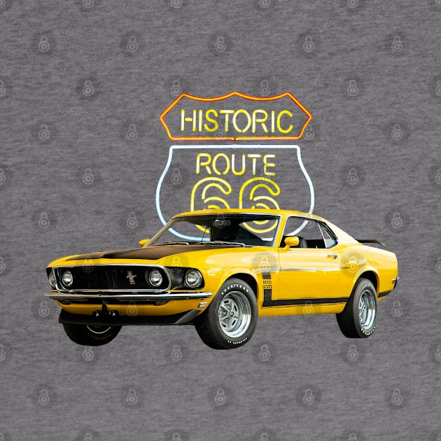 1969 Boss 302 Mustang in our route 66 series on front and back by Permages LLC